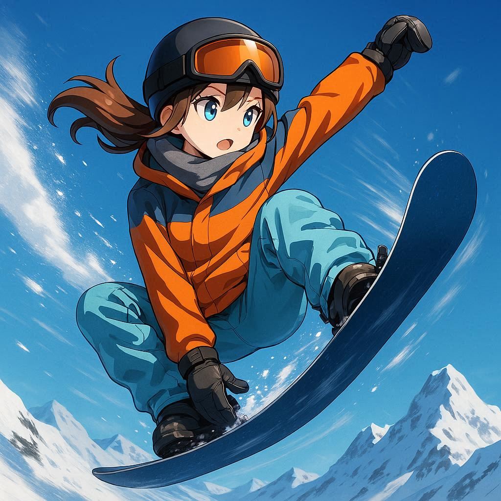  3D anime‑style winter sports athlete using either a snowboard or skis. Show them performing an extreme aerial trick with spins, flips, or grabs, soaring high with powder trails and dynamic motion blur. Keep clothing colors matching the input image. Add snow‑capped mountains, crisp sky, vibrant icy tones, smooth model‑like shading, sharp lines, and an epic action vibe.